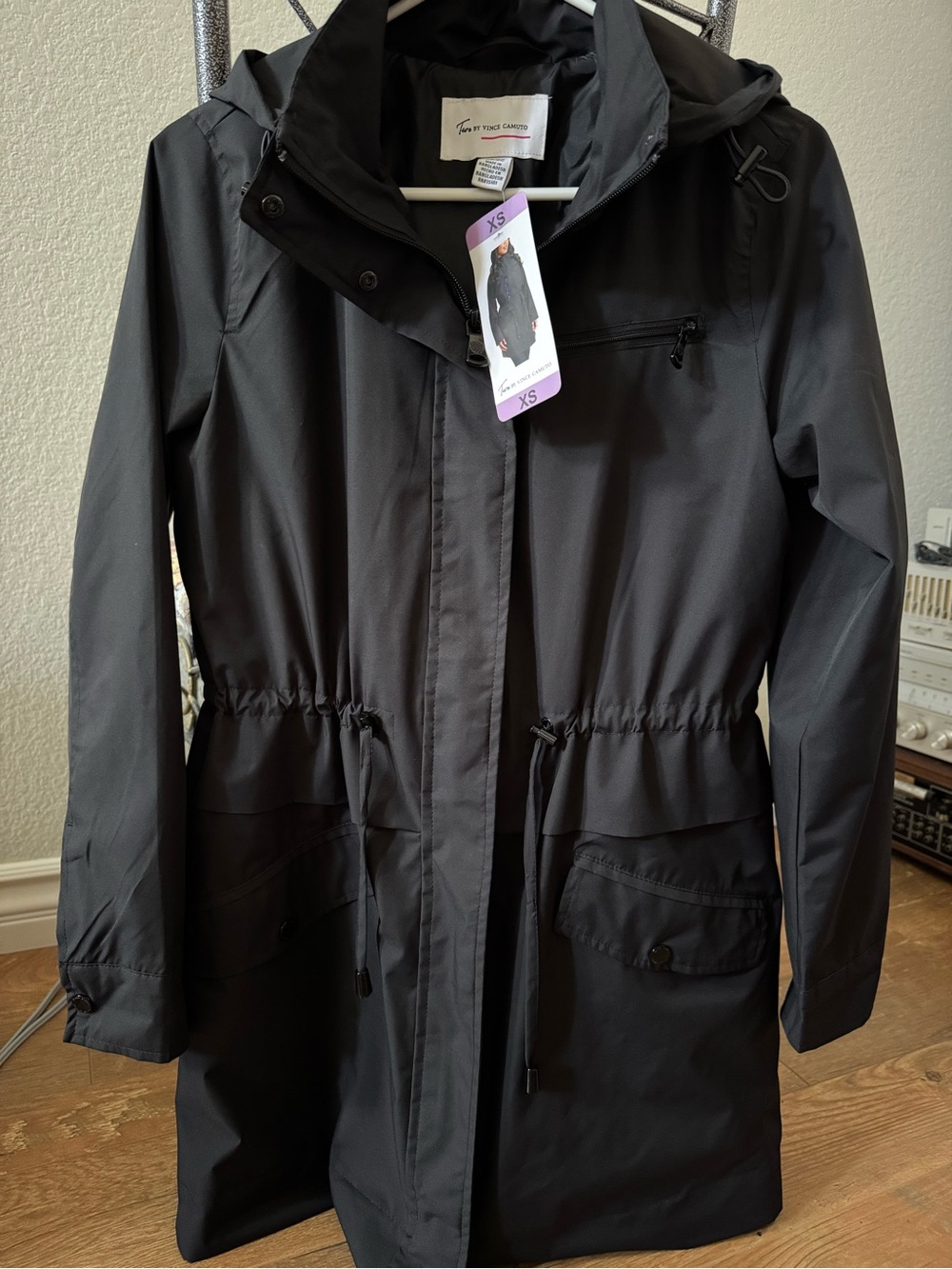 NWT Vince Camuto Black Hooded Trench Coat with Drawstring Waist size XS